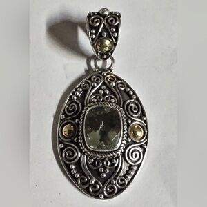 Sterling Silver & 18K Gold Vintage Real Smoky Quartz Spiral Scroll Pendant Bali